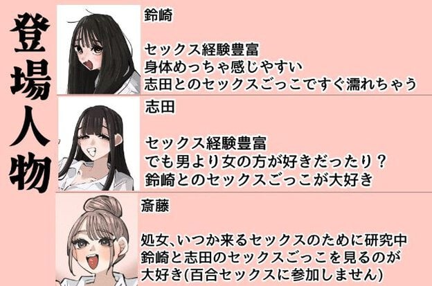 登場人物紹介ページ。上から眼鏡をかけた黒髪の女性「あかね」、茶髪の女性「ゆい」、黒髪の女性「さくら」の三人の顔写真が縦に並んで描かれている。各キャラクターの特徴が記載されている。