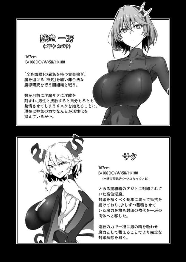 護堂一冴とサクの設定紹介。上の一冴は眉をわずかに寄せて正面を見つめ、下のサクは口角を上げて笑う。