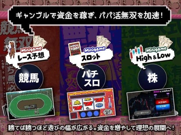 競馬、スロット、株の三つのミニゲーム画面が横並びで紹介されている。人物は描かれておらず、表情を確認できる場面はない。
