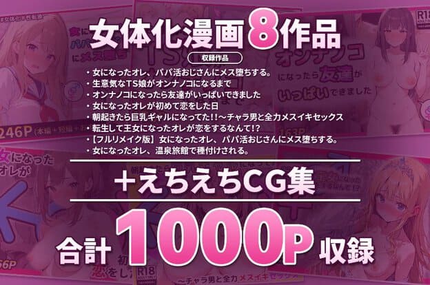 紫色の背景に女体化漫画8作品とCG集をまとめ、合計1000ページ収録と中央に大きく示した告知画像。