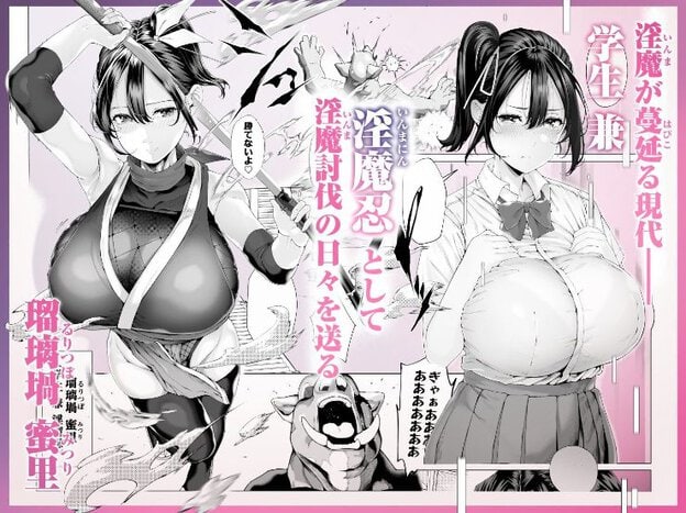 刀を構える忍装束の女性と、制服姿で両手を胸元に添えた黒髪の学生が左右に描かれ、学生は目に涙をためて口を閉じている。