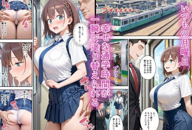 電車内で制服姿の茶髪女性が男性に背後から臀部へ手を伸ばされている。目を見開いて口を少し開け、頬を赤らめ、こめかみに汗を浮かべている。