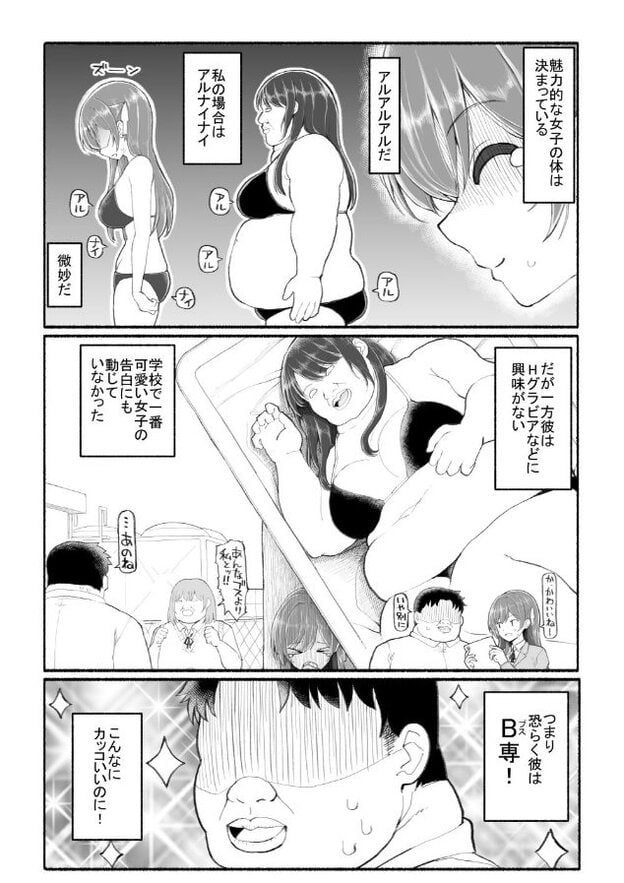 体格の異なる女性二人を並べた説明と、目を伏せる長髪女性、汗を浮かべ口を開く男性が描かれている。
