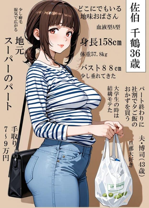 佐伯千鶴が青白のボーダーシャツとジーンズ姿で買い物袋を持ち、黒い肩掛けバッグを下げている。茶色い目を横へ向け、頬を淡く染めて唇を閉じている。