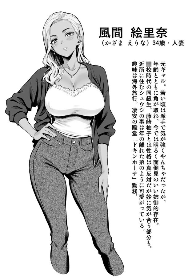 風間絵里奈の全身プロフィール。長い明るい髪を片側へ流し、片手を腰に置いて立つ。目を正面に向け、唇をわずかに開いた姿で34歳・人妻と記載されている。