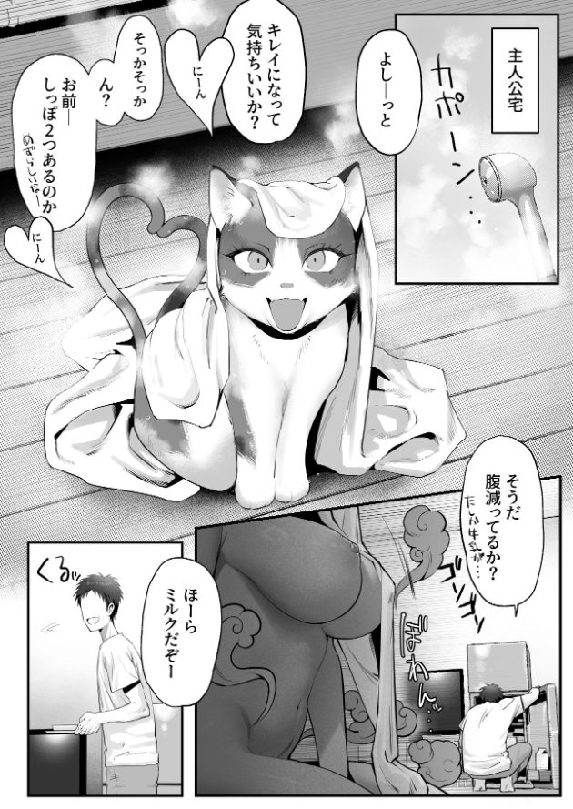 タオルを頭と背中にかぶせた猫が床に座り、大きく開いた目を正面へ向けて口を開けている。近くではシャワーヘッドから湯気が上がり、別の描写では男性が机の前に座っている。