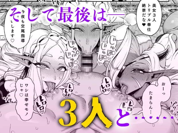 3人のエルフ女性が男性器の周囲に顔を寄せ、左右の女性は舌を出して男性器に触れている。中央の女性は目を細めて正面を向き、口元の部分にモザイクが入っている。