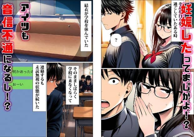 教室で男子生徒と制服姿の眼鏡女性が並び、女性は眉を下げて口を結びながら相手の肩へ手を伸ばしている。