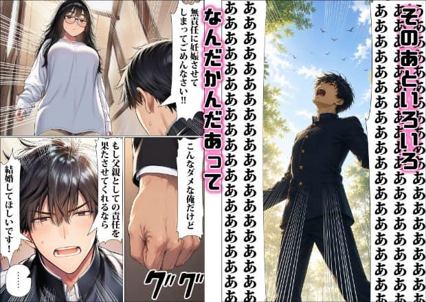 長袖の服を着た眼鏡女性が廊下に立って男子生徒を見下ろし、右側では学生服の男性が屋外で口を大きく開けている。