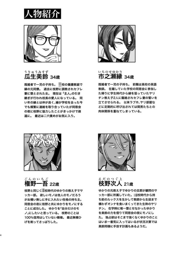 美鈴34歳、縁34歳、一悟22歳、次人21歳を載せた人物紹介ページ。